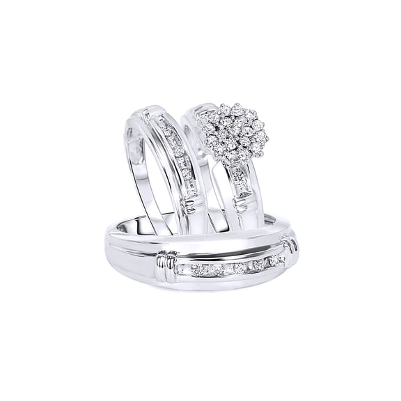AFFY White Natural Diamond Engagement & Wedding Trio Bridal Ring Set In 10k White Gold (0.38 Cttw)