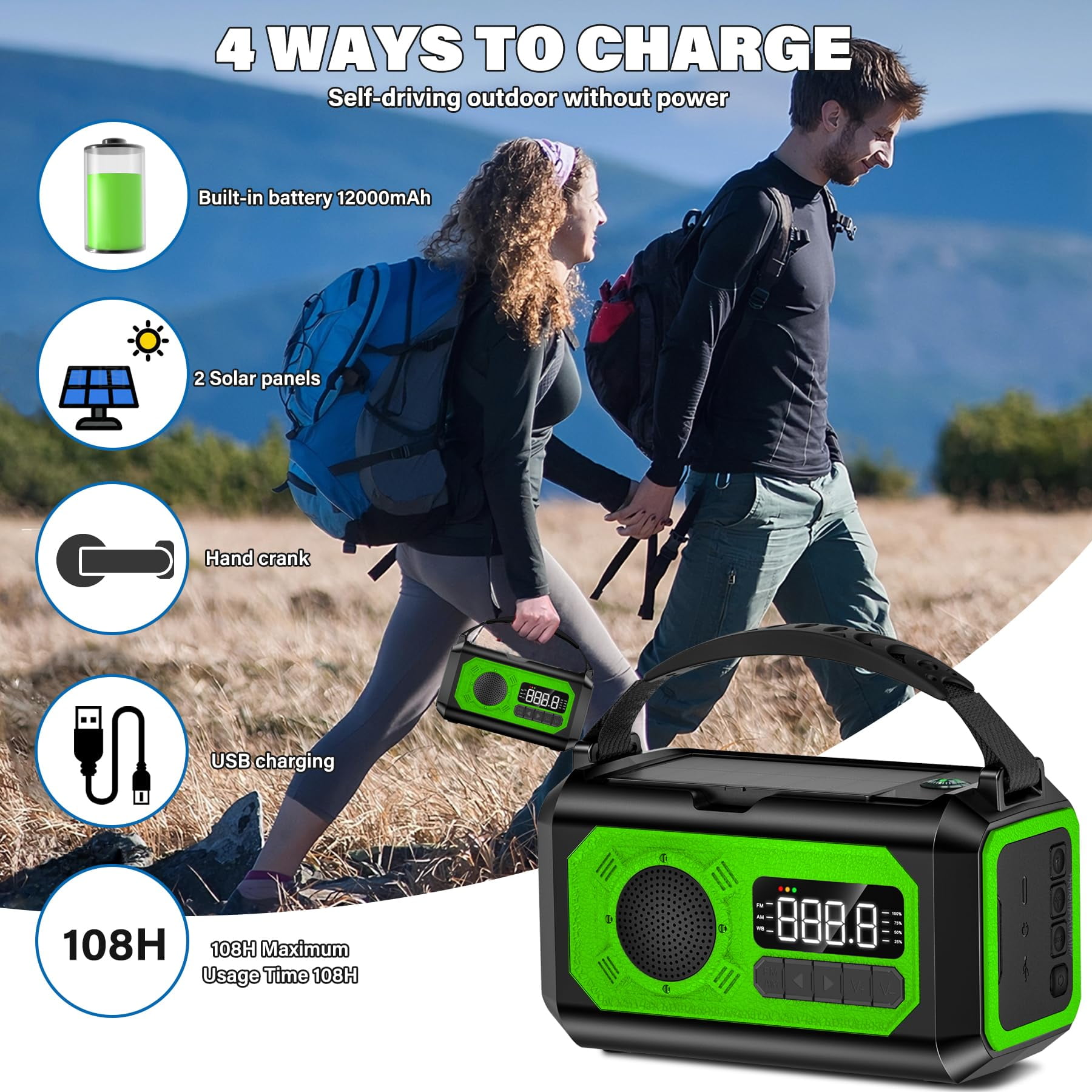 JOUALY 12000mAh Emergency Radio, AM/FM/NOAA Weather Radio,Portable Hand Crank Radio,Multi-Function Solar Radio,2 Solar Panels,USB Type-C Charging,Torch & LED Reading Lamp,SOS Alarm,Compass