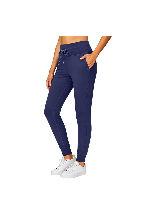 Slim Fitting Yoga Pants Women's High Waisted Jogger Pants with Pockets Drawstring Waist Elastic Cuffs, Soft Stretchy Workout Running Leggings Pants Navy L