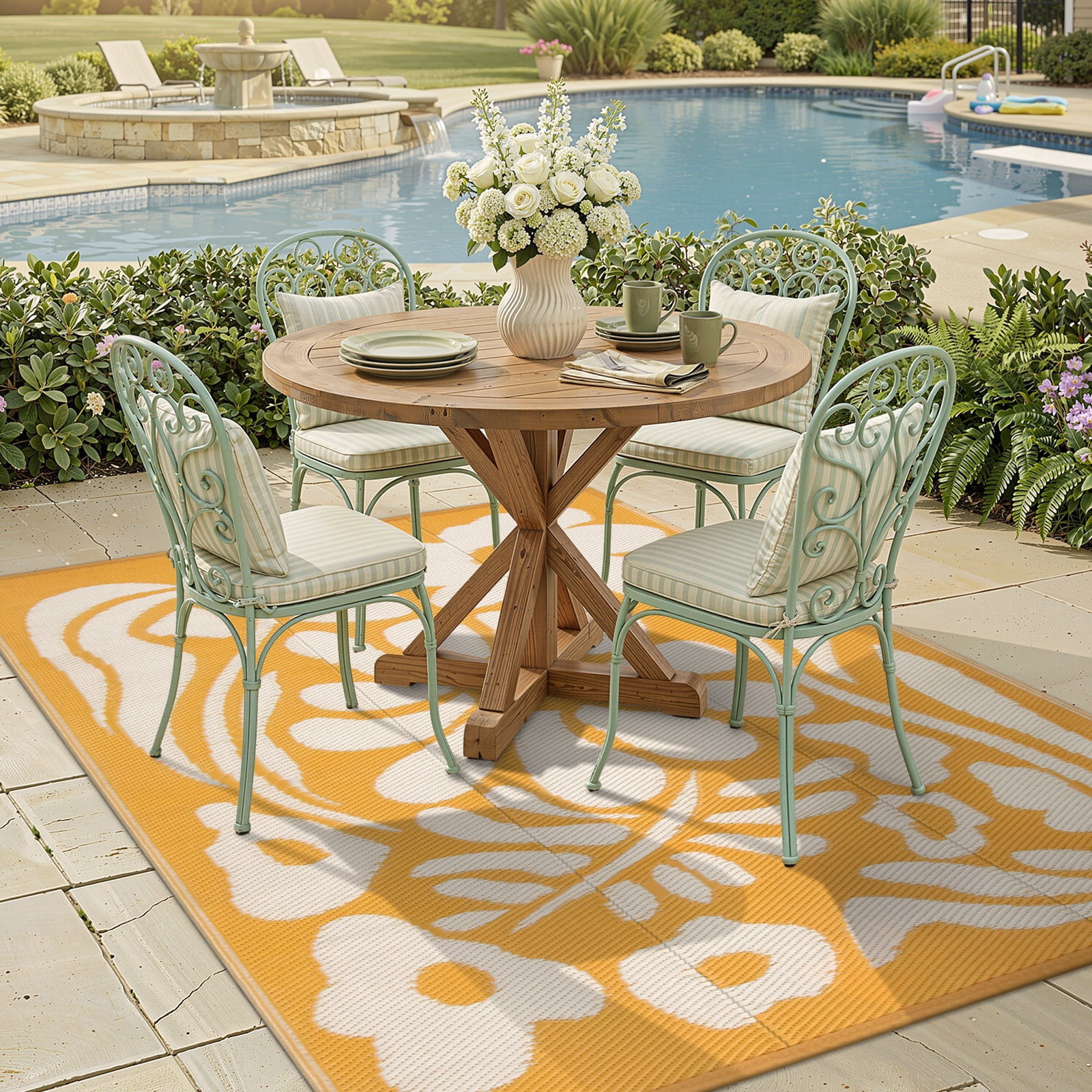 Lahome 6'x9' Outdoor Camping Rug - Waterproof Reversible Straw Mat,Abstract Floral Pattern for Camper, Garden & Beach (Orange)