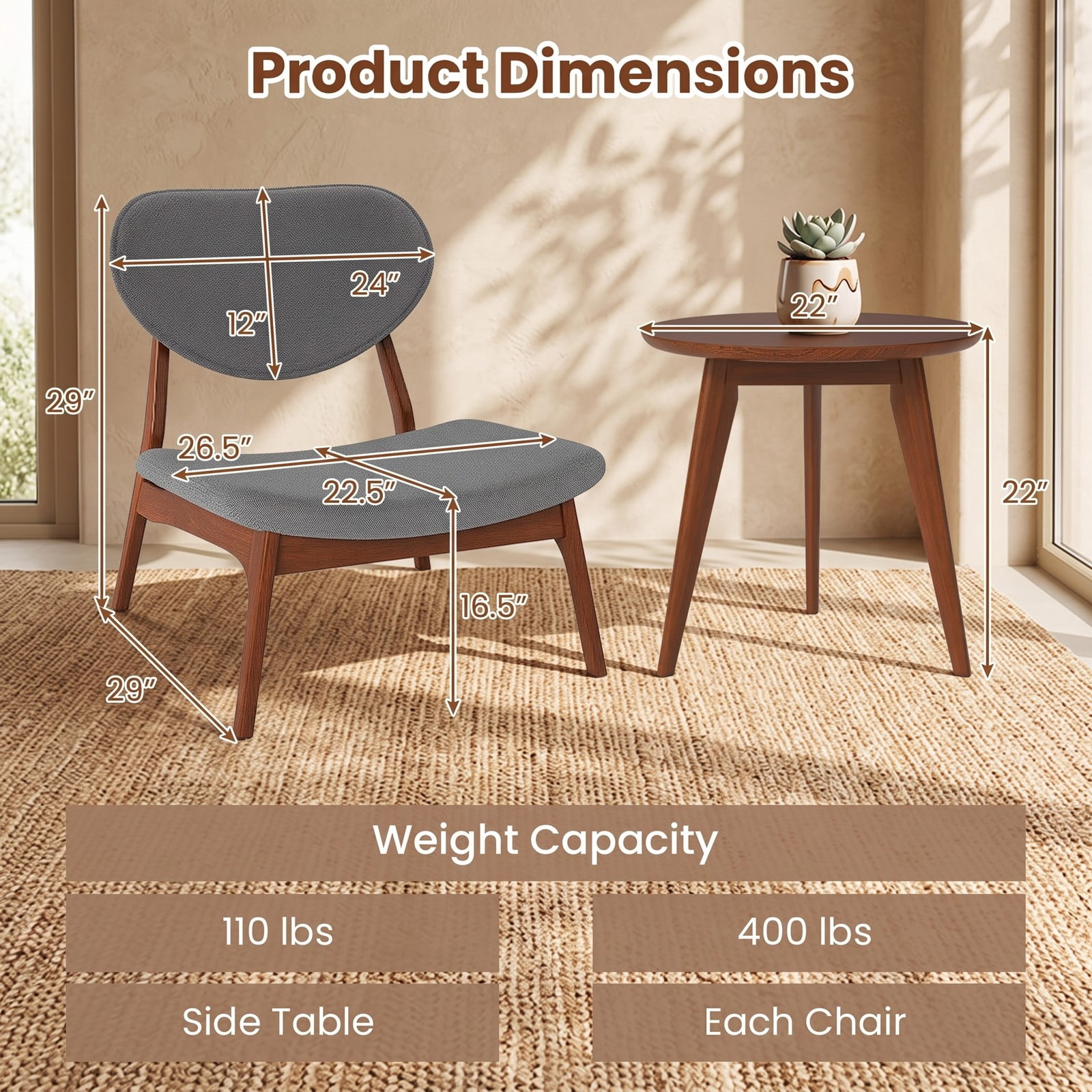 Furnibear Accent Chairs Set of 2 with Side Table, Solid Wood Frame Lamb Velvet Upholstered Armchairs, 105 Degree Backrest Reading Club Chairs for, Walnut and Gray