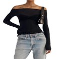 thumbnail image 2 of Women y2k Fairycore Tops Solid Color Off Shoulder Flared Long Sleeve T-Shirts, 2 of 4