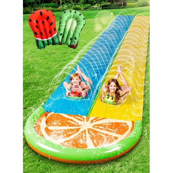 Sloosh 22.5ft Double Water Slides with 2 Body Boards Backyard Outdoor Slip Lawn Waterslide 2 Sliding Racing Lanes with Sprinklers Summer Water Toy, Orange