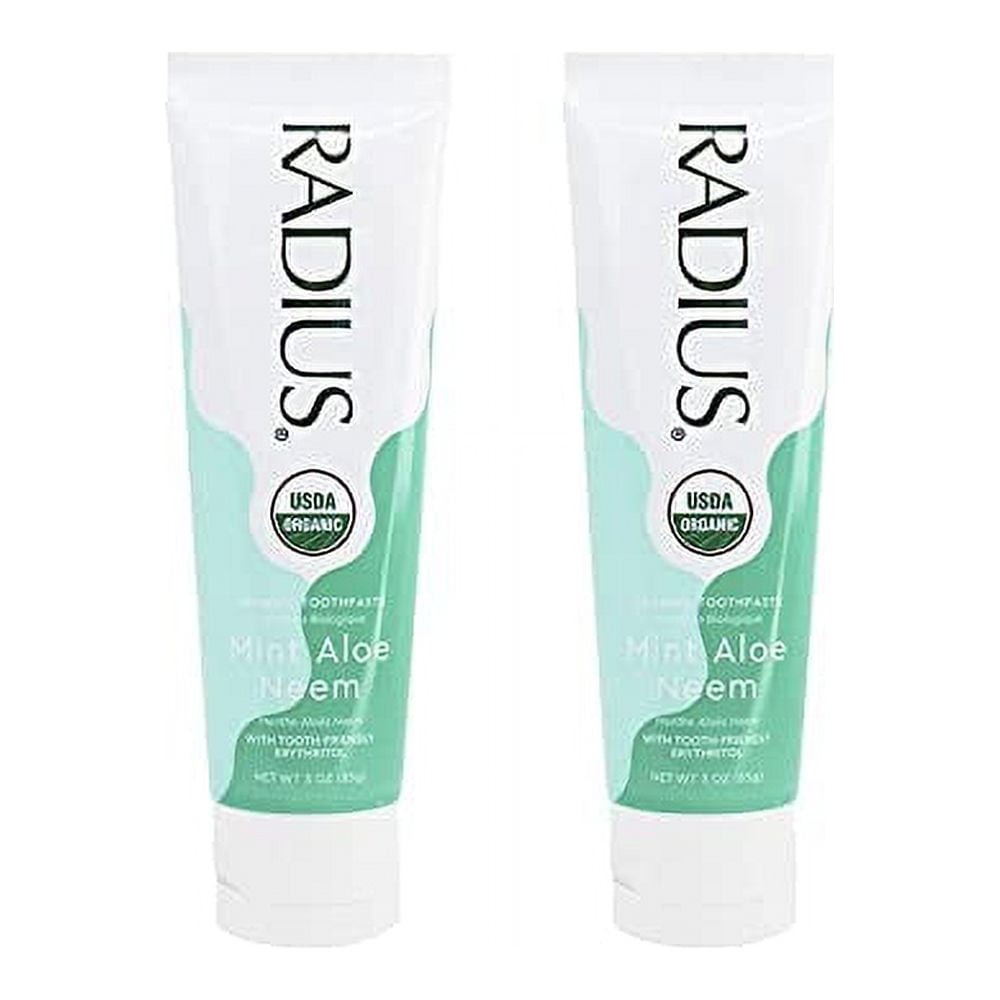 RADIUS USDA Organic Toothpaste 3oz Non Toxic Chemical-Free Gluten-Free Designed to Improve Gum Health & Prevent Cavity - Mint Aloe Neem - Pack of 2
