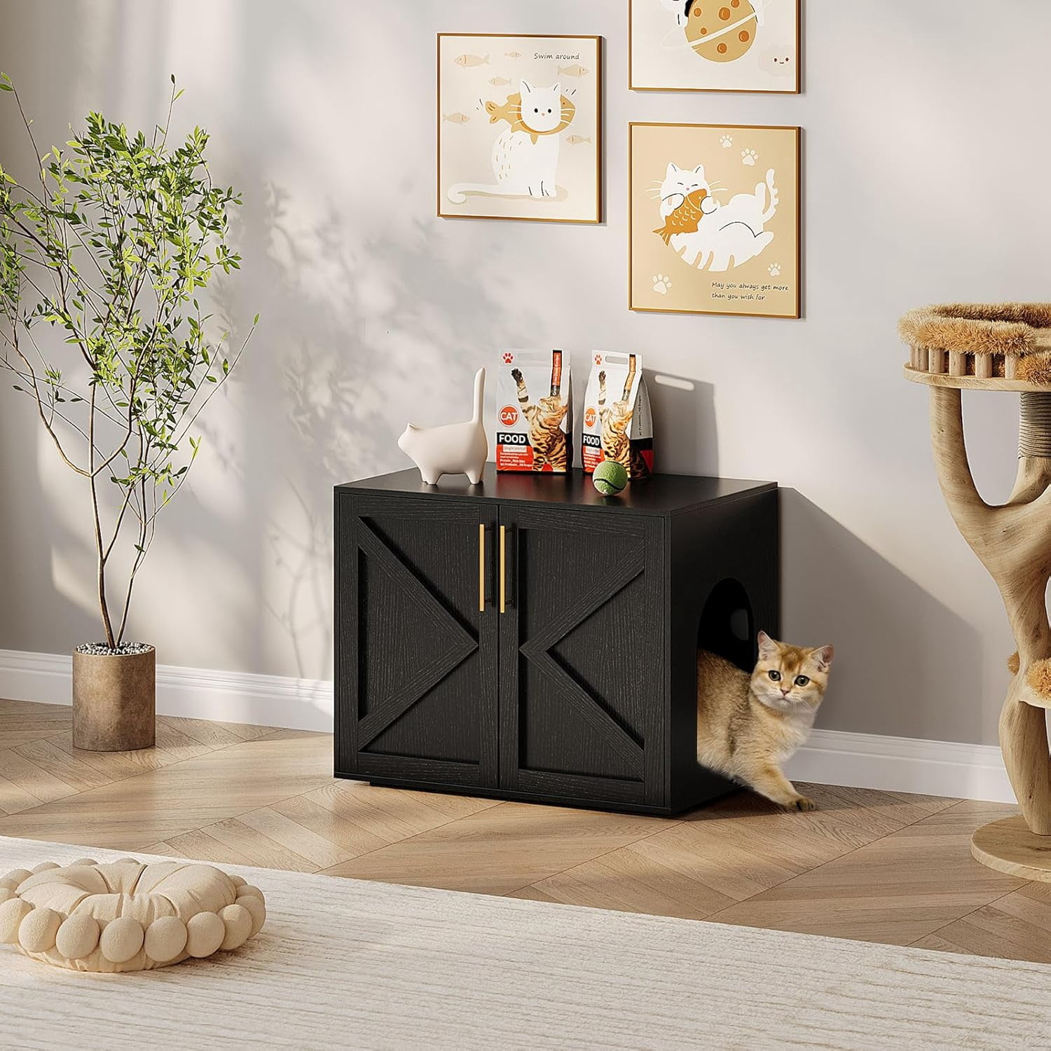 Garvee Cat Litter Box Enclosure, Hidden Cat Litter Box Cabinet with Double Doors, Ventilation, and Cushion Pads, Farmhouse Wooden Kitty Furniture for Cats and Small Pets, Black