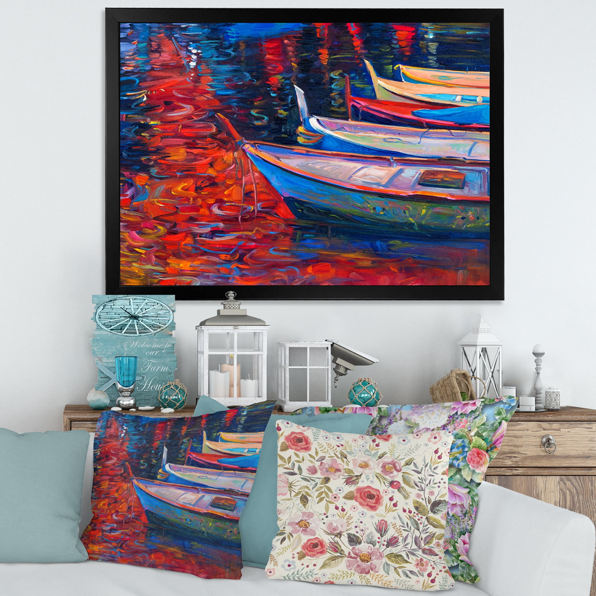 Designart 'Boats During Warm Sunset Resting On The Water IX' Nautical & Coastal Framed Art Print