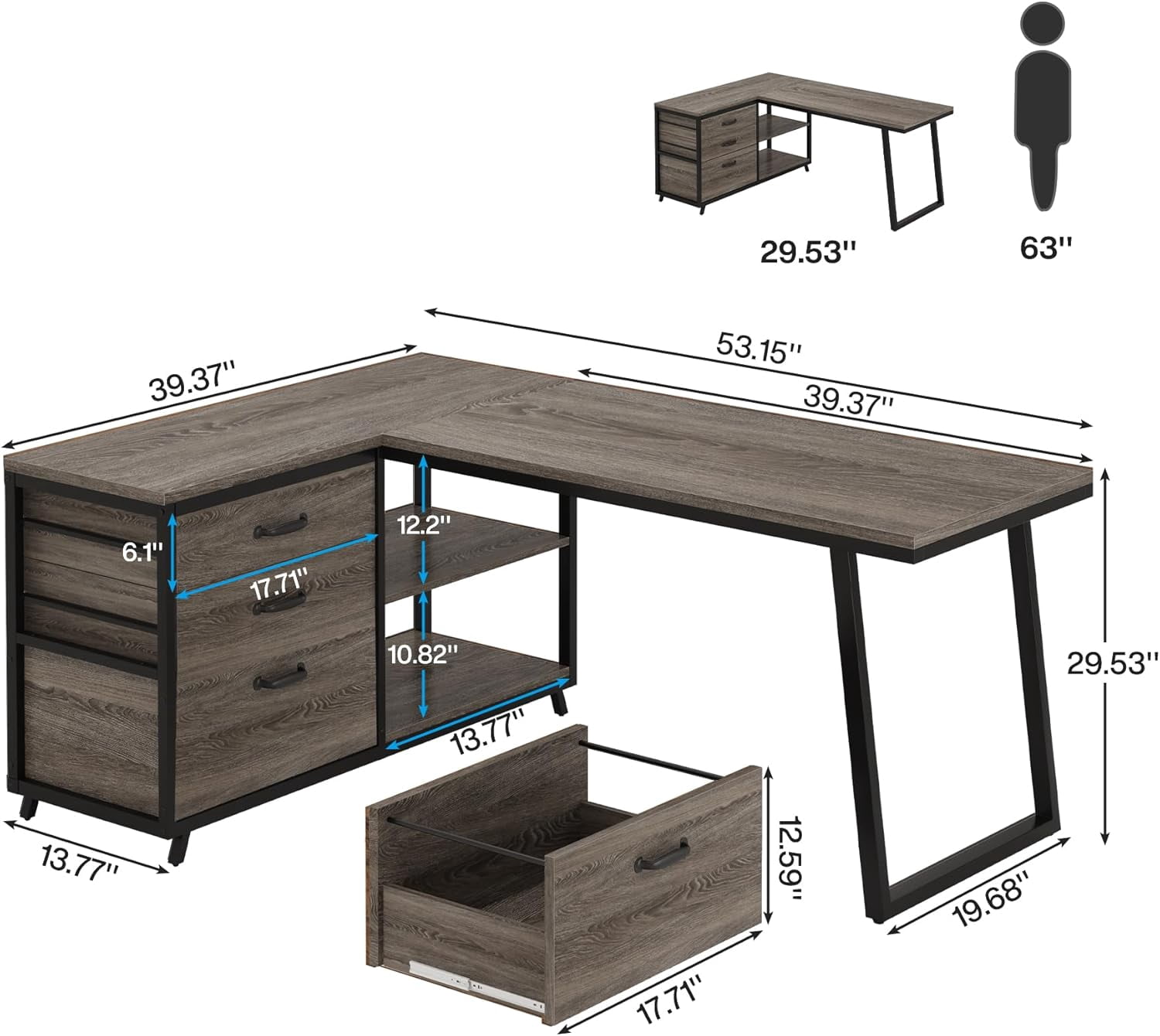 L-Shaped Desk 53In Reversible Corner Desk File Cabinet 3Drawers 2Open Shelves Industrial Style Home Office Computer Desk Adjustable Leg Pads Gaming Writing Executive Sturdy Particle Board Grey Black