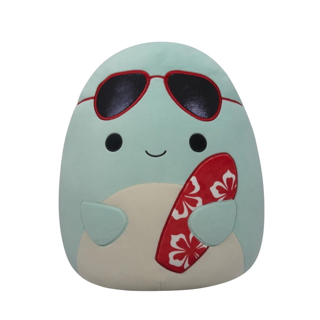 Peluche Squishmallows Original Perry Teal Dolphin de 35 cm con tabla de surf