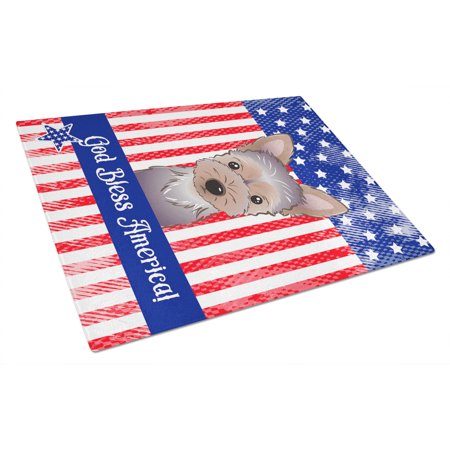 

Caroline s Treasures God Bless American Flag with Yorkie Puppy Glass Cutting Board Large