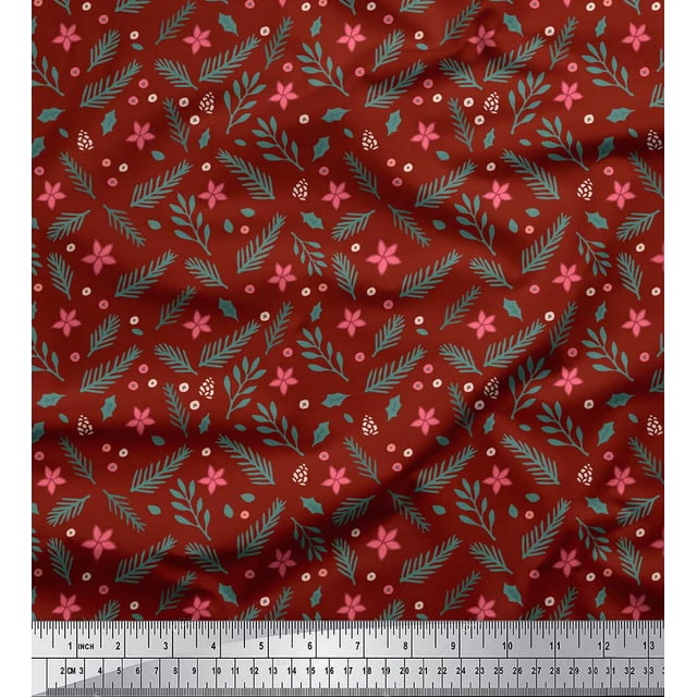 Soimoi Red Cotton Poplin Fabric Floral & Leaves Print Sewing Fabric Yard 42 Inch Wide