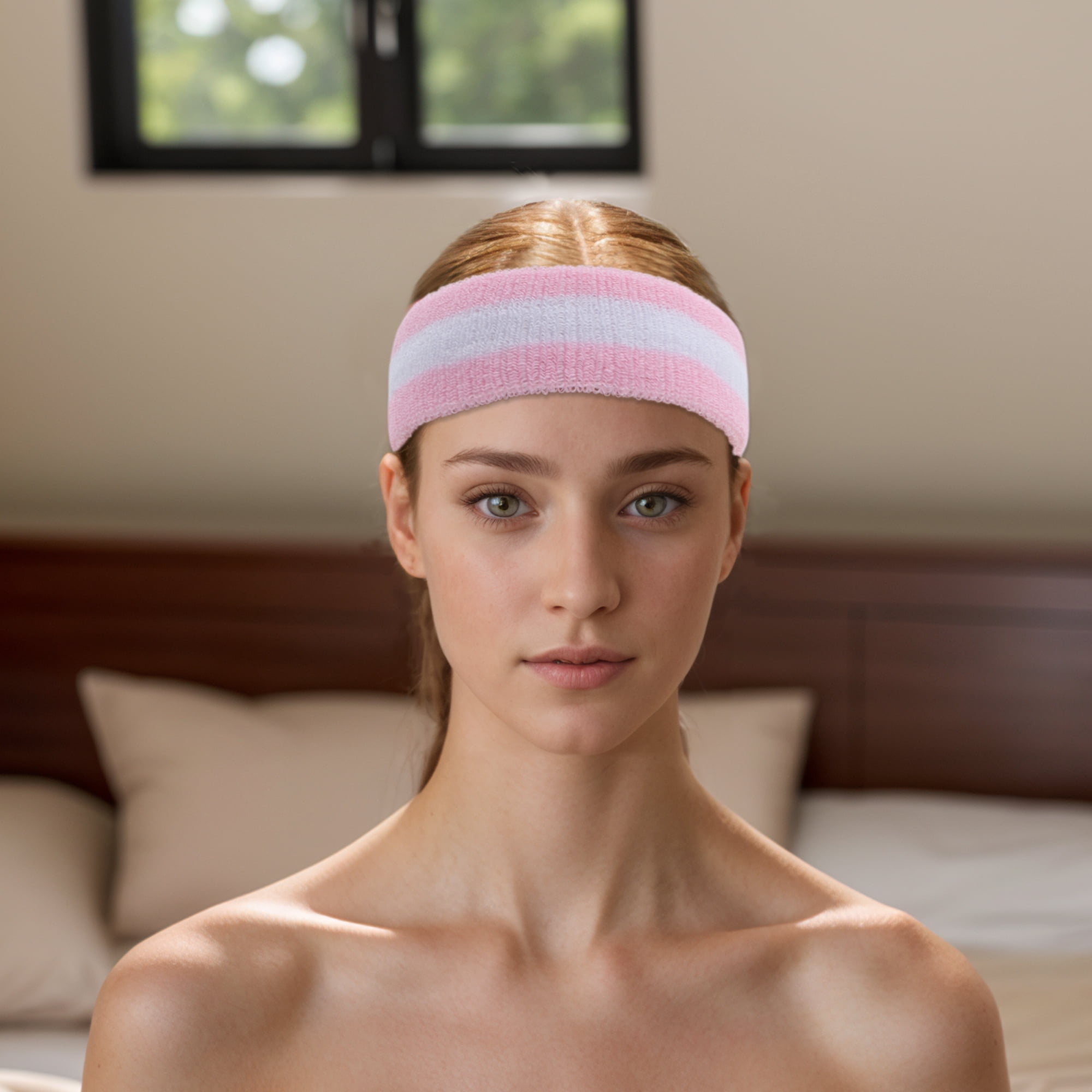 Unique Bargains 3Pcs Headband with Wristband Sweat Headband Pink White