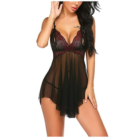 

DNDKILG Womens Lace See Through Lingerie Sexy Mesh Sleepwear Nightgown Teddy Chemise Red L