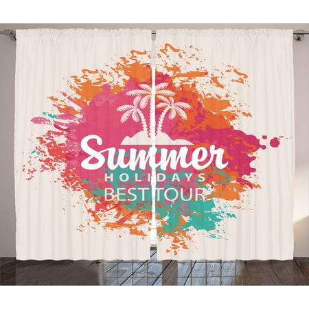 Quote Curtains 2 Panels Set, Summer Holidays Best Tour Lettering with Palm Tree Island Rainbow Colored Image Print, Window Drapes for Living Room Bedroom, 108W X 108L Inches, Multicolor, by