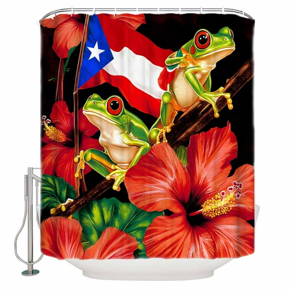 Shower Curtain, Country Red Flowers Cartoon Frog Waterproof Shower Curtain Set with Hooks for Bathroom Showers,Stalls and Bathtubs,72x72In Puerto Rico Flag