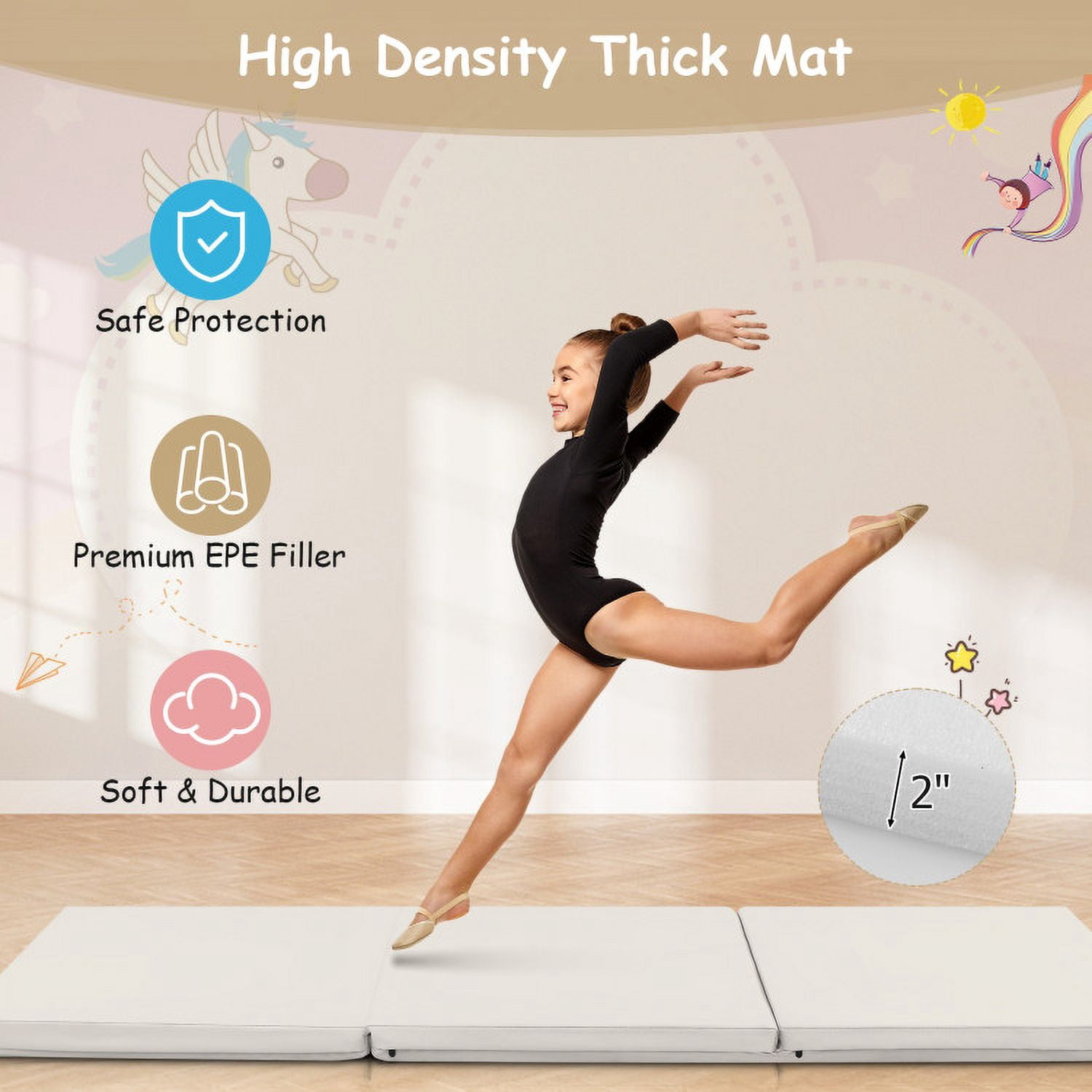Resenkos Gymnastics Mat, Exercise Tumbling Mat,6 x 2 FT Tri-Fold Gym Mat with Handles and Removable Zippered Cover-Light Gray
