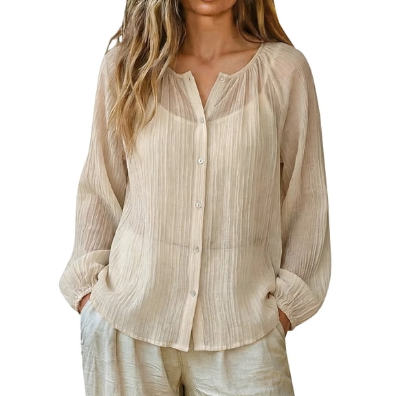 GZWYHT Cotton Linen Sun Shirt For Women,Womens Athletic Tops Hiking Shirts Swim Shirt Cotton Linen Sun Shirt Retro Vacation Style Long Sleeve Sun Shirt Women Solid Color Beige L