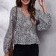 thumbnail image 2 of Blusa cruzada con cuello en V y estampado floral, manga larga, dobladillo con volantes, blusa cruzada con estampado floral para mujer, 2 of 6