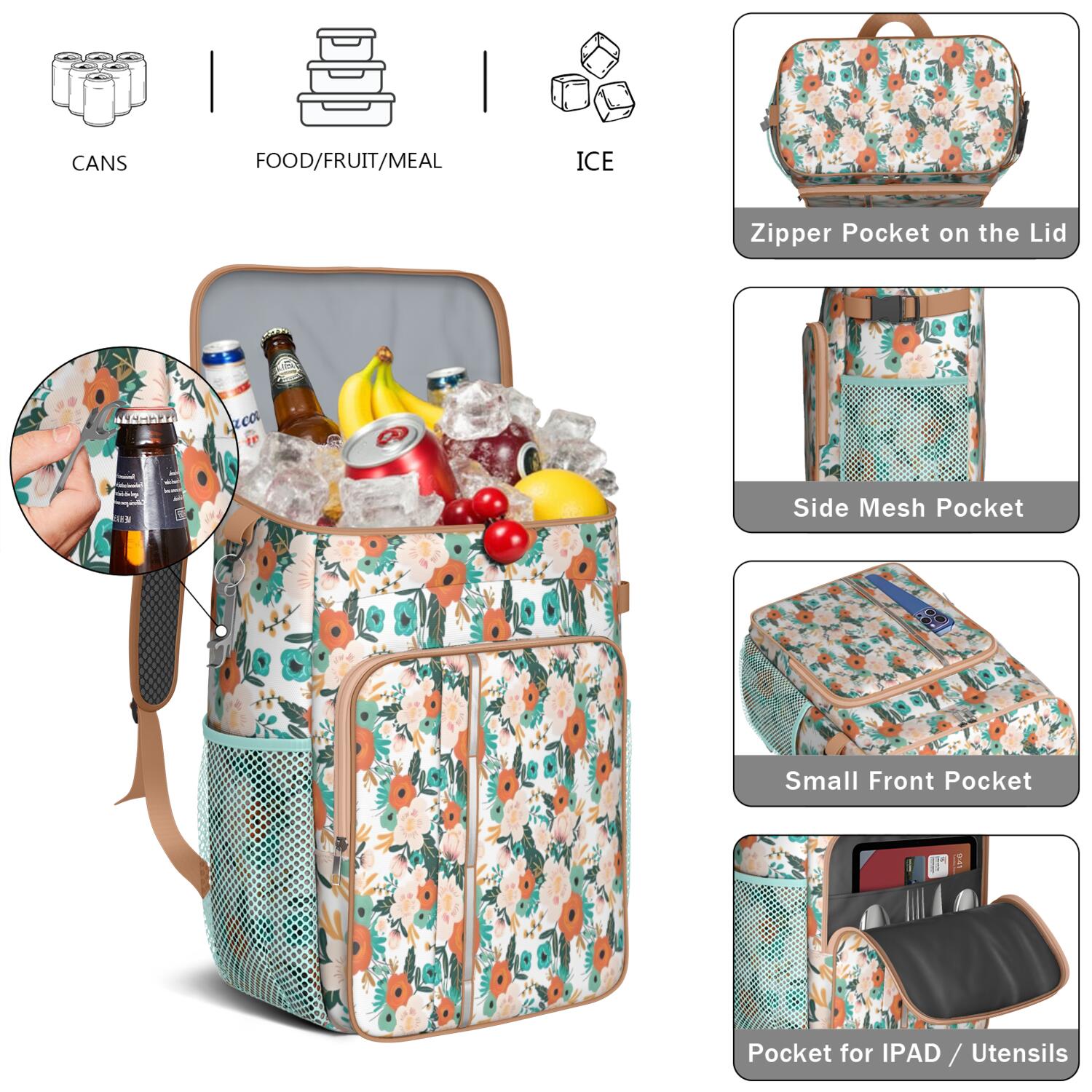 Travel Cooler Bag - Pioneer Flower Floral Print Pattern Camping Beer Cooler Backpack with Bottle Opener- Waterproof Insulated Picnic Backpacks - Cooler Bag for Beach