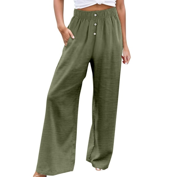 Wangmeiwg Women's Button Elastic Waist Wide Leg Casual Straight Leg Pants Tan Linen Pants Women