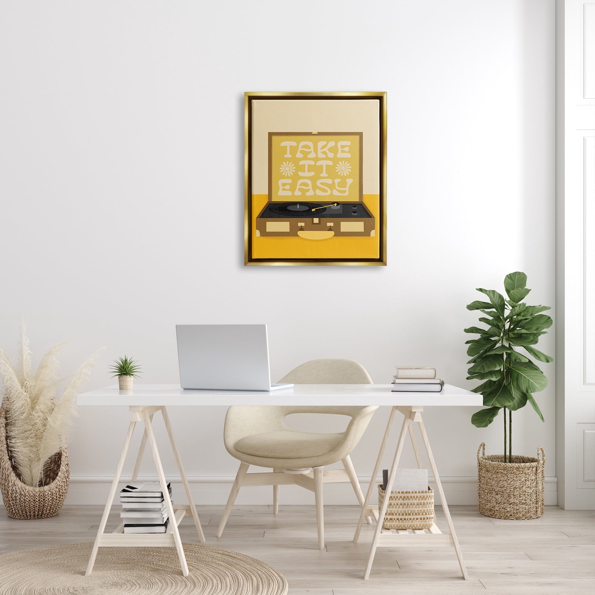 Stupell Industries Take it Easy Motivational Vintage Boho Record Player Metallic Gold Framed Floating Canvas Wall Art, 24x30, by Jaylnn Heerdt