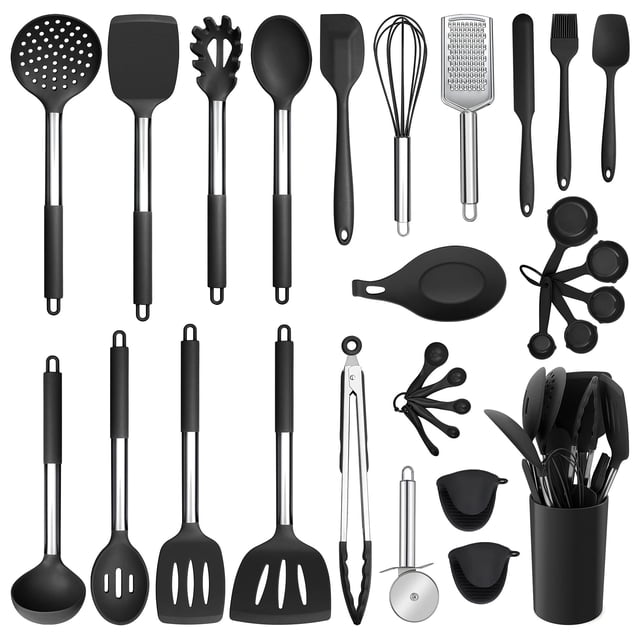 Set de utensilios de cocina E-far de 30 piezas con soporte, silicona negra