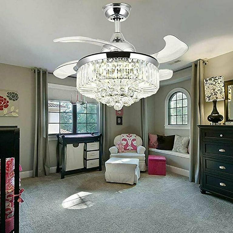 Oukaning 42 Crystal Ceiling Fan Light Led Chandelier W Retractable Blades Remote Silver Com