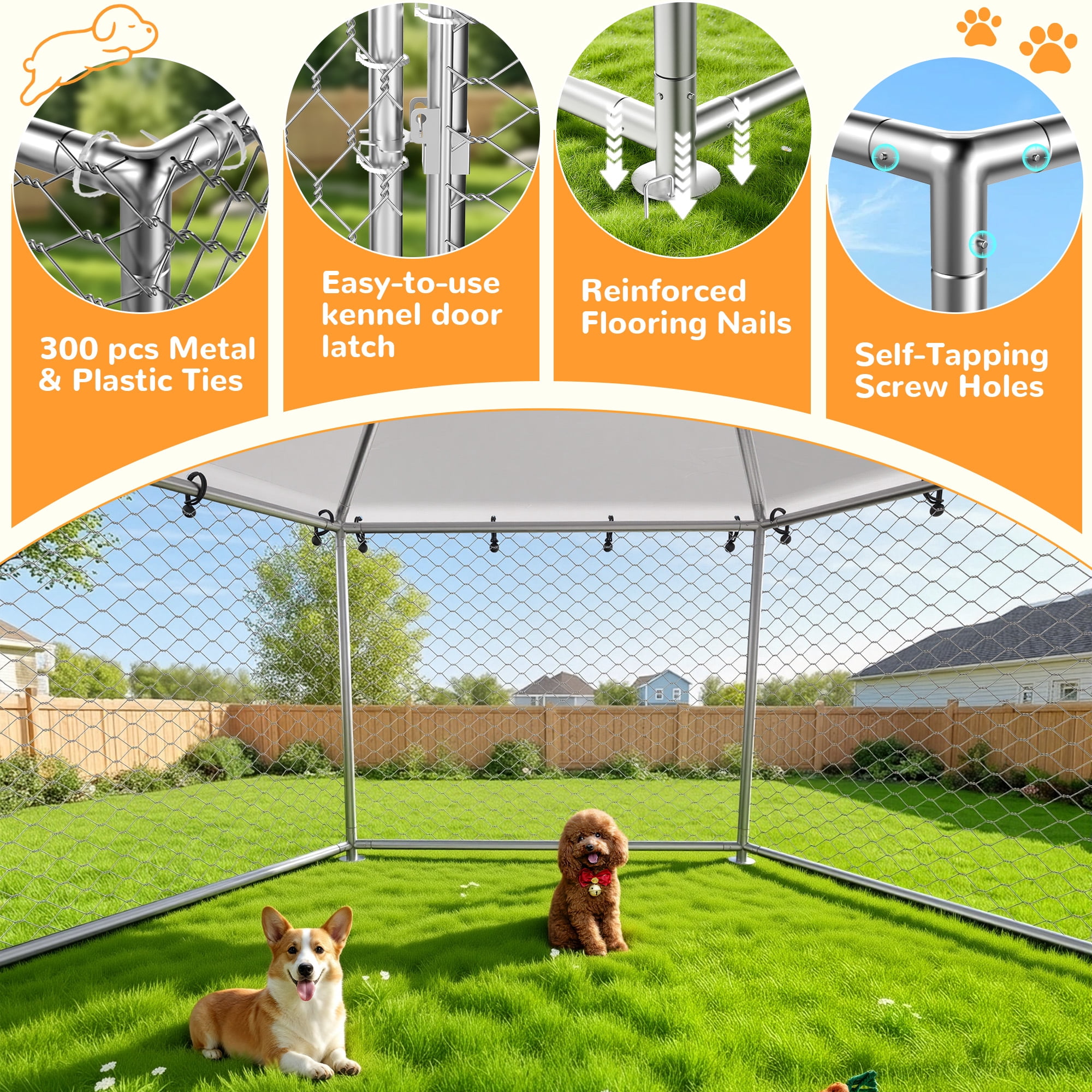 TIME RAY 12.5x12.5 ft Outdoor Dog Kennel,Heavy Duty Outdoor Dog Enclosure with Waterproof Cover and Security Lock, Galvanized Chain Link Hexagonal Dog Cage for Extra Large Dog