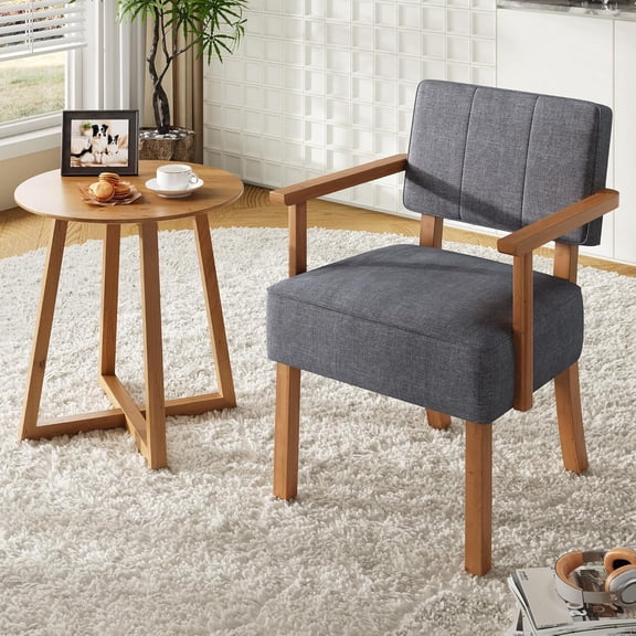 Mid-Century Accent Chair with Wood Frame, Linen Fabric Upholstered Lounge Arm Chair, Reading Leisure Chair with Classic Vertical Stripe for Living Room, Bedroom, Balcony, Dark Grey