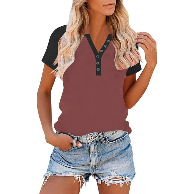 Neewe Womens Short Sleeve Summer Tops Solid V Neck T Shirts Casual Color Block Raglan Shirts Tunic Tees