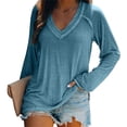 thumbnail image 1 of Mujeres Casual V cuello manga larga Top empalme mujer manga larga camiseta para mujeres niñas azul M, 1 of 4