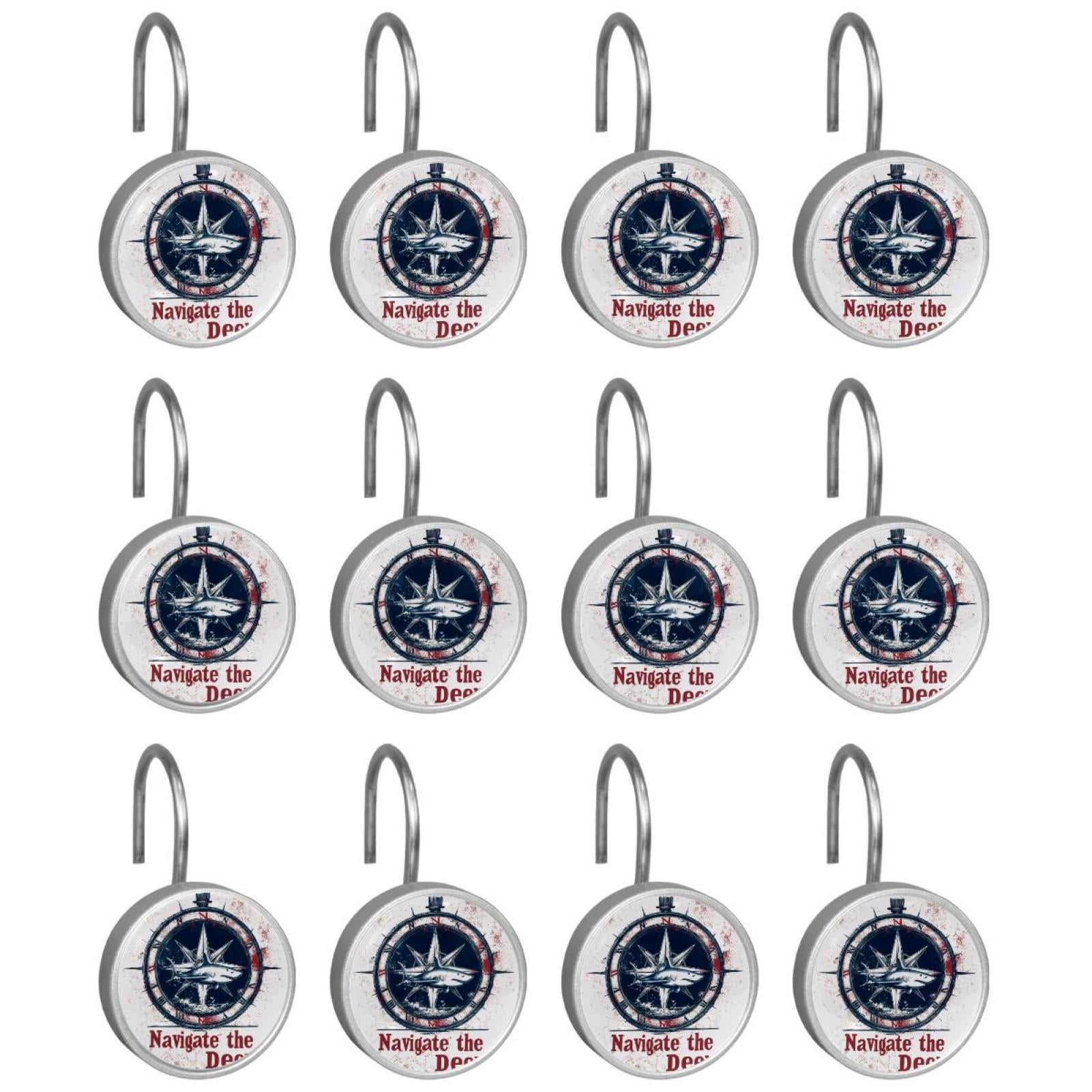 12pcs Decorative Shower Curtain Hooks, Rust Resistant Shower Rings for Bathroom Living Room,Rustproof Stainless Steel Rings for Shower Curtain and Liner Rods,Navigate the Deep Shark