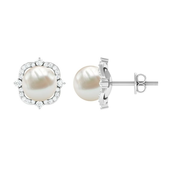 Rosec Jewels Classic Freshwater Pearl Stud Earrings with Diamond Halo (6.50 CT, AAA Quality), 925 Sterling Silver