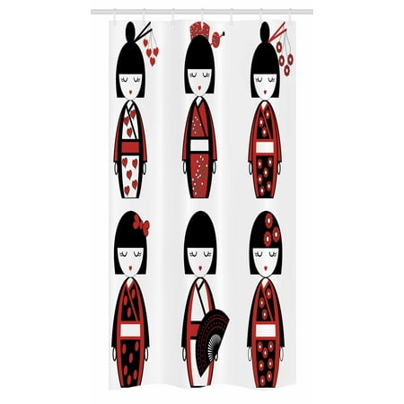 Girls Stall Shower Curtain, Unique Asian Geisha Dolls in Folkloric Costumes Outfits Hair Sticks Kimono Art Image, Fabric Bathroom Set with Hooks, 36W X 72L Inches Long, Black Red, by Ambesonne