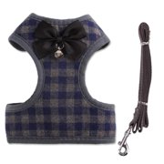 Rantow Heavy Duty Pet Dog Harness Vest + Pet Dogs Leash - Classic Plaid Puppy Harness Kitty Lead Rope Set for Small Dogs Big Cats - With Cute Bow Tie & Bell, Blue M