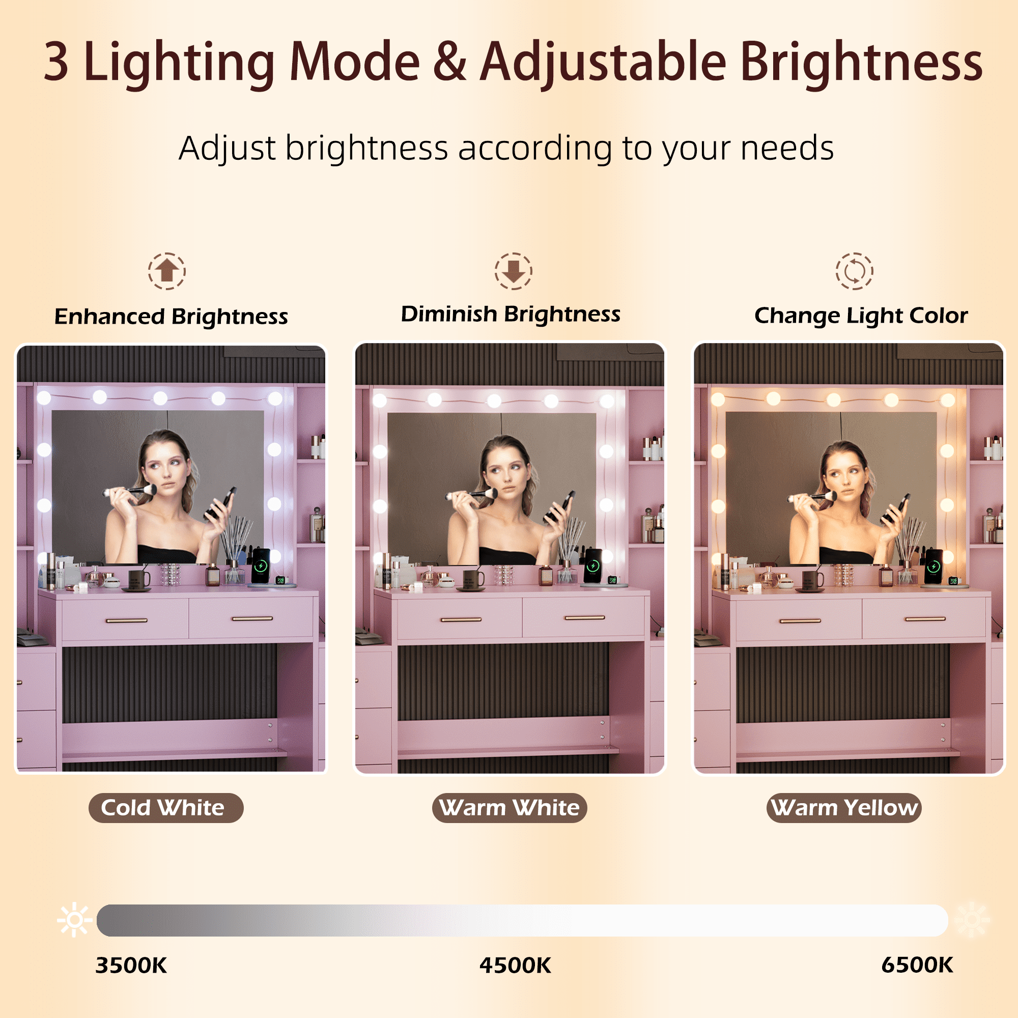 UGTOO Pink Vanity Desk with LED Lights – 8-Drawer Makeup Table, 2 Cabinets & Power Outlets (58.27"L x 15.75"W)