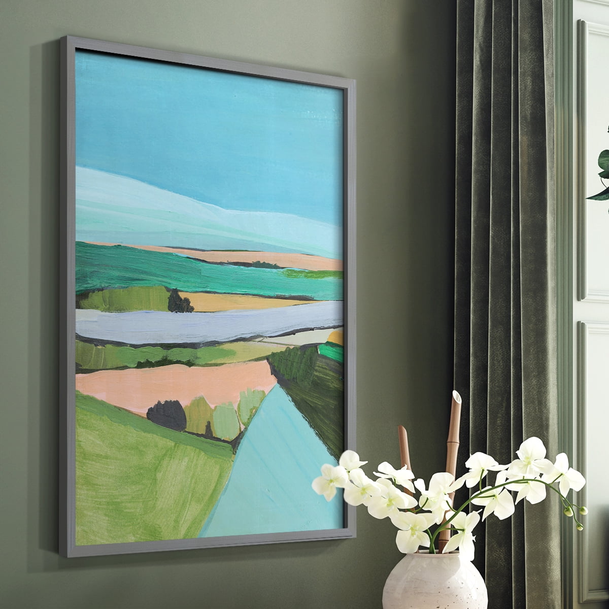 Bright Colored Countryside I Framed Print in Gray Solid Wood Framed Print No Nail Hanging