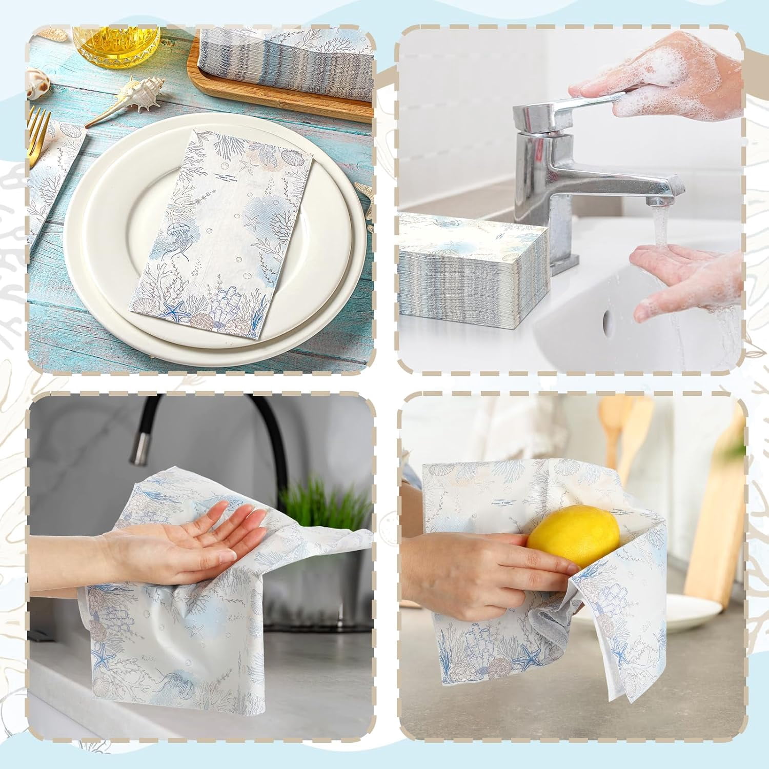 100 Pcs Summer Ocean Paper Napkins Disposable Guest Towels for Bathroom Decoupage Decorative Napkins Paper Seashell Nautical Coral Hand Towels for Kitchen Wedding Dinner Party(Striped)