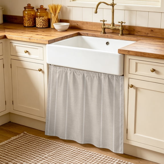 Beige White Stripe Cabinet Curtains 35 x 35 Inch Country Vintage Farmhouse Minimalist Lines Under Sink Curtain for Closet Waterproof Self Adhesive Desk Skirt Privacy Drape for Kitchen Bathroom