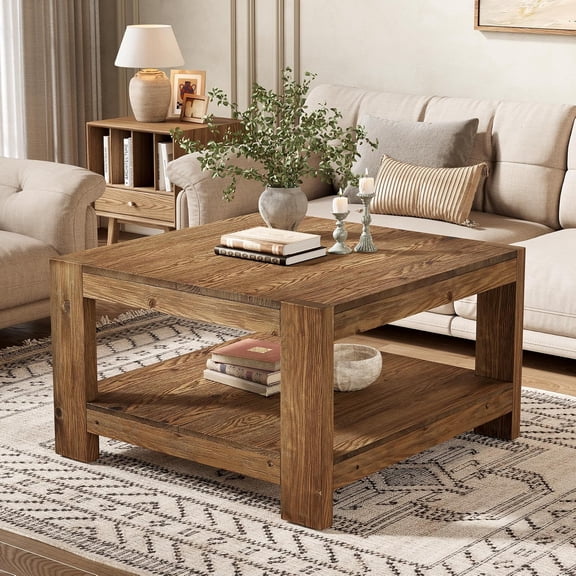Finmind Rustic Farmhouse Coffee Table, 31.5" Solid Wood Square Cocktail Table with Storage Shelf for Living Room Small Space, Rustic Brown
