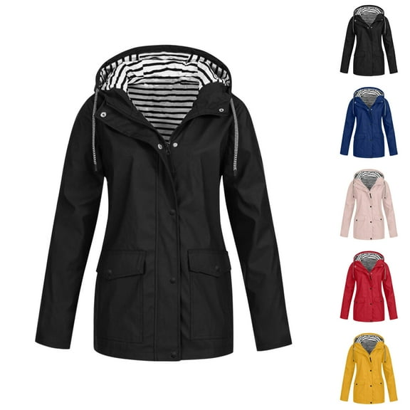 Women's Raincoats Waterproof Windproof Long Sleeve Zipper Button Hooded Rain Coat with Pockets Rain Jacket Women