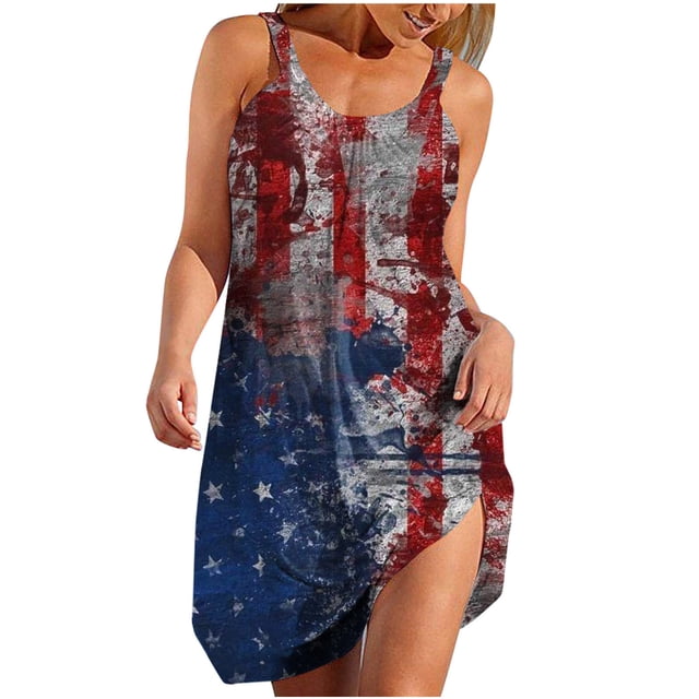Vestido sin Mangas para las Mujeres Día de la Independencia Patriótica Impreso Fit Suelto, Suspendientes Casuales para el Uso Diario, de Vacaciones Y de Verano