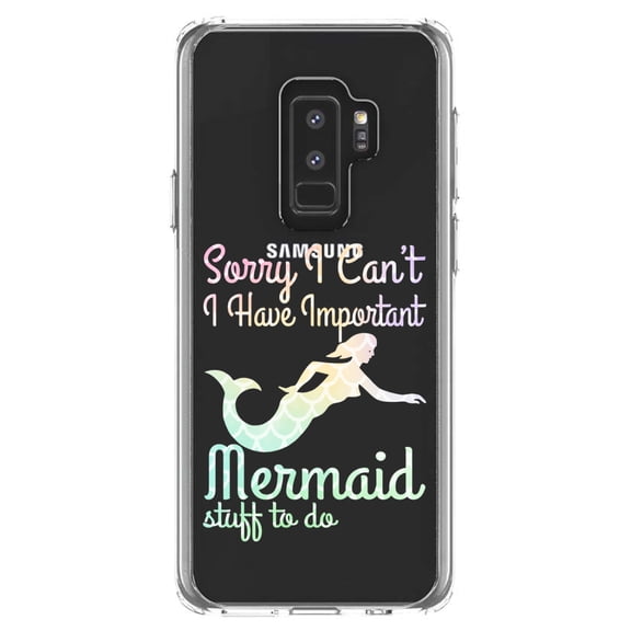 DistinctInk Clear Shockproof Hybrid Case for Samsung Galaxy S9  PLUS (6.2" Screen) - TPU Bumper Acrylic Back Tempered Glass Screen Protector - Sorry I Have Important Mermaids Stuff