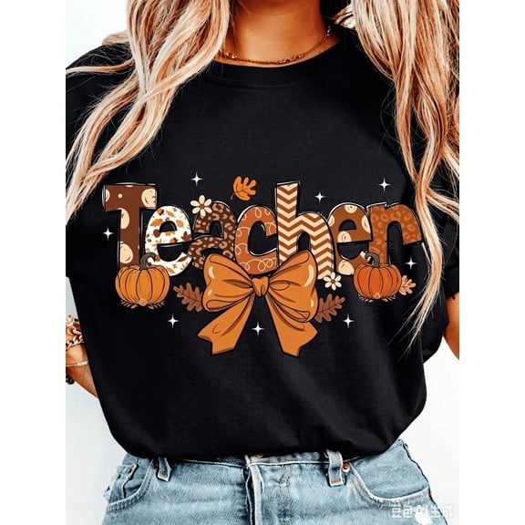 Fall Teacher Graphic T‑Shirt for Women, Leopard Pumpkin Bow Autumn Casual Short Sleeve Teacher Gift Tee