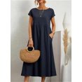 thumbnail image 1 of Lindbes Robe Maxi Élégante Unie pour Femmes Été à Manches Courtes Col Rond Vintage Harajuku Coton Lin Ample Robe d'Été Y2K avec Poches Longue Robe, 1 of 7