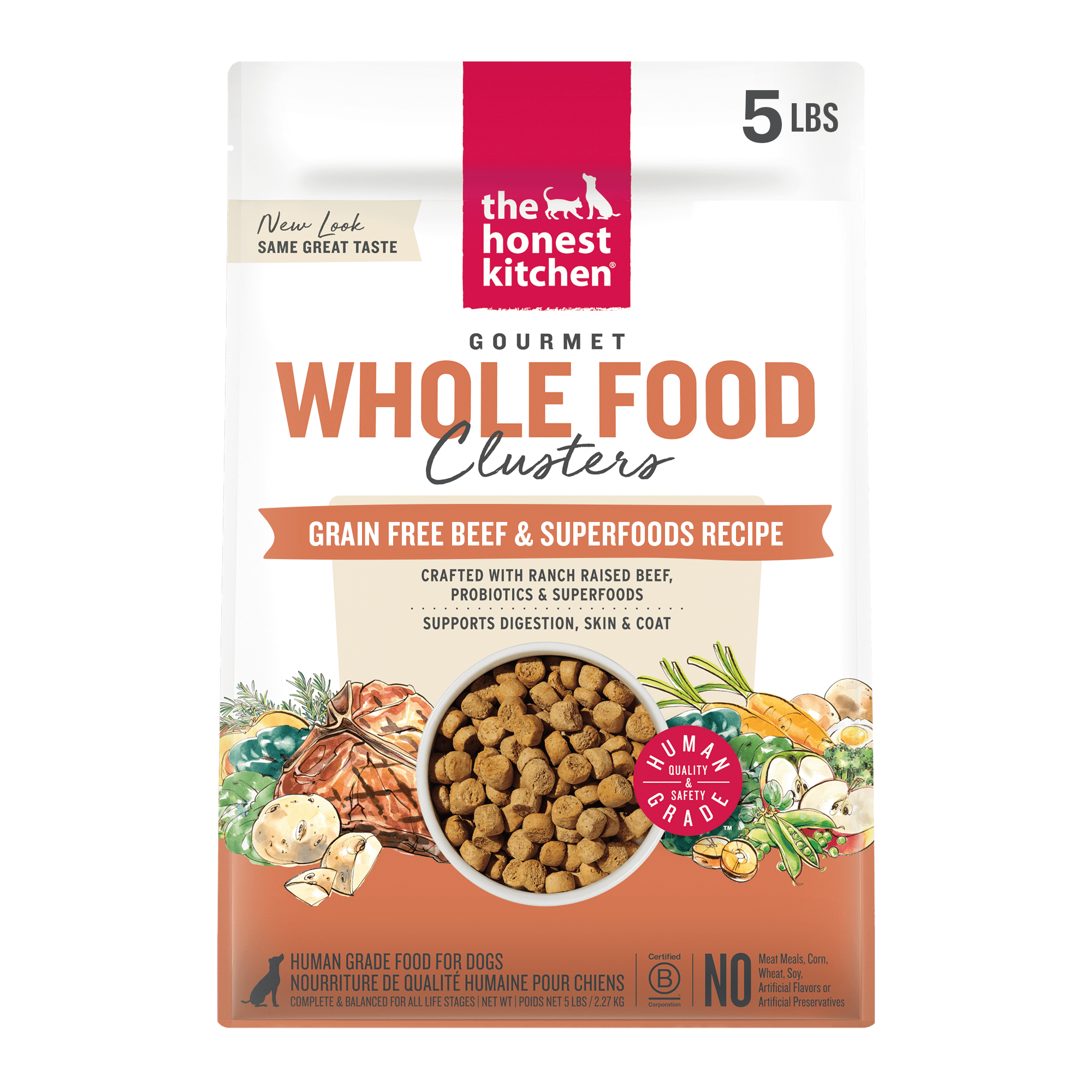 The Honest Kitchen Human Grade Dry Dog Food Whole Food Clusters Grain Free Beef Dry Dog Food, 5 lb Bag