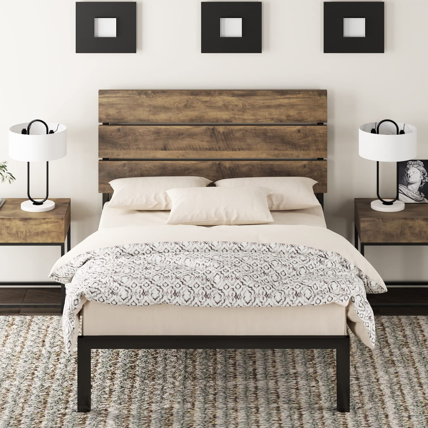 Allewie Twin Size Rustic Country Style Wooden Headboard Metal Platform Bed with Strong Metal Slats, Light Brown