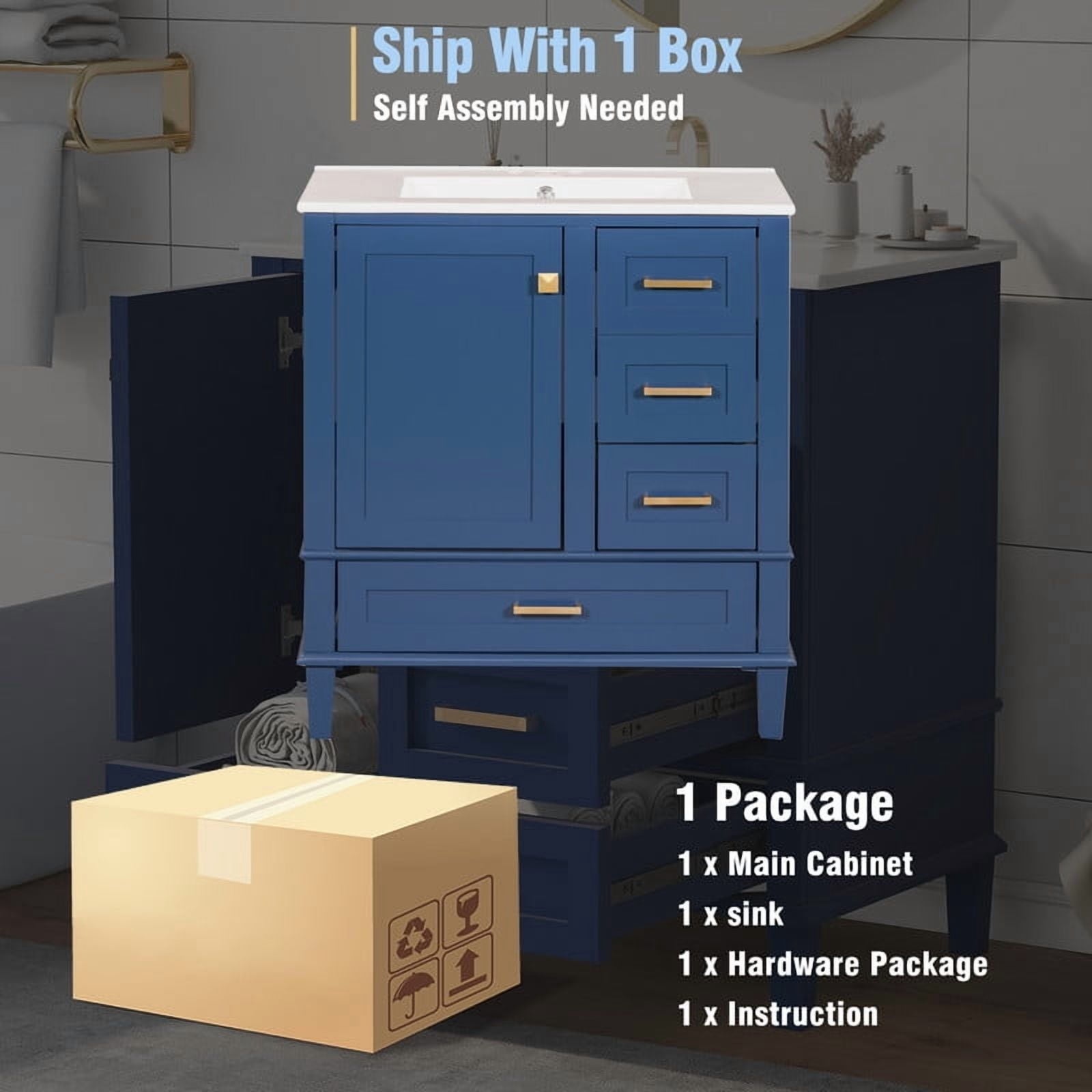 Bellemave 30" Bathroom Vanity with Sink, Cabinet with Sink Combo Set with Top, Bathroom Storage Cabinet with 3 Drawers and 1 Soft Closing Door, 30 Inch Vanity with Sink for Bathroom（Blue）
