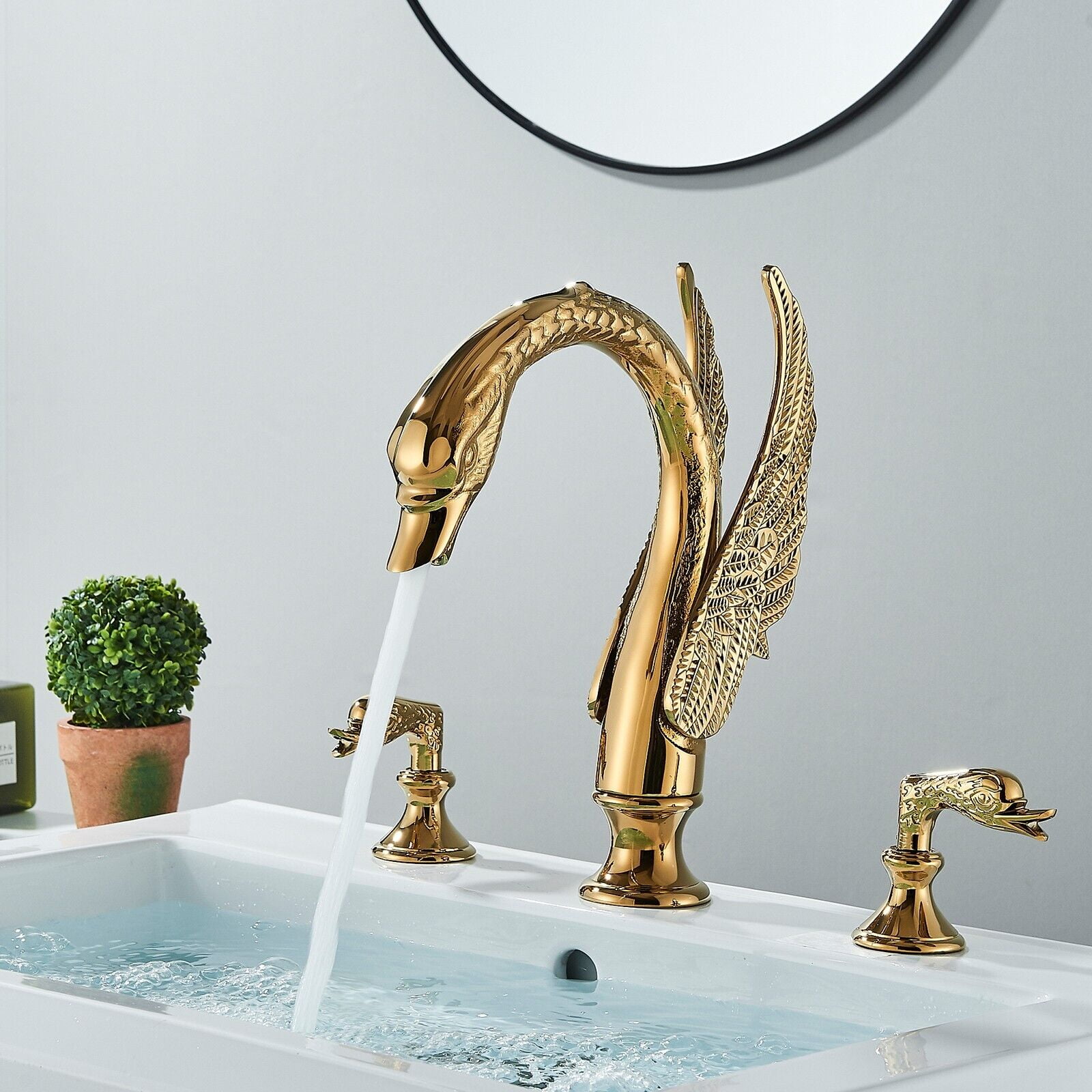 Zovajonia Double Crystal Knobs Basin Faucet Widespread 3 Holes Sink Mixer Tap Gold Finish