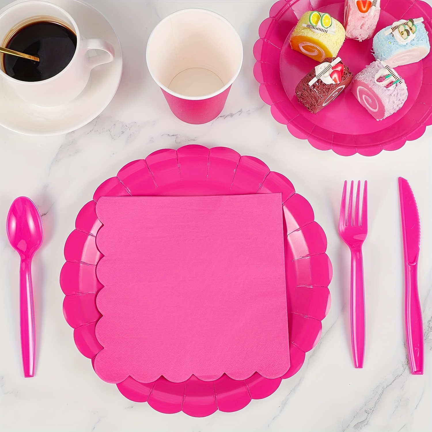 100pcs Rose Red Party Tableware Set for 25 Guests, Oil-proof and Leak-proof, Ideal for Birthday Parties, Gatherings and Picnics, Unique and Beautiful Pink Paper Plates and Hot Pink Party Decorations