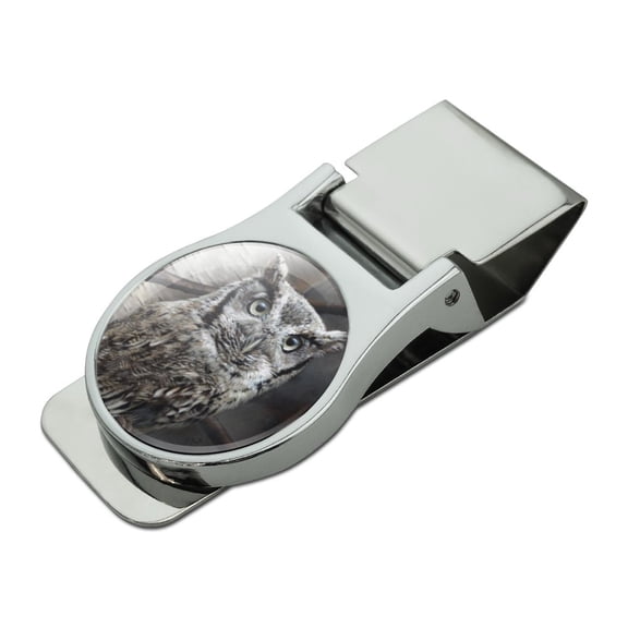 Screech Owl in a Birch Tree Satin Chrome Plated Metal Money Clip